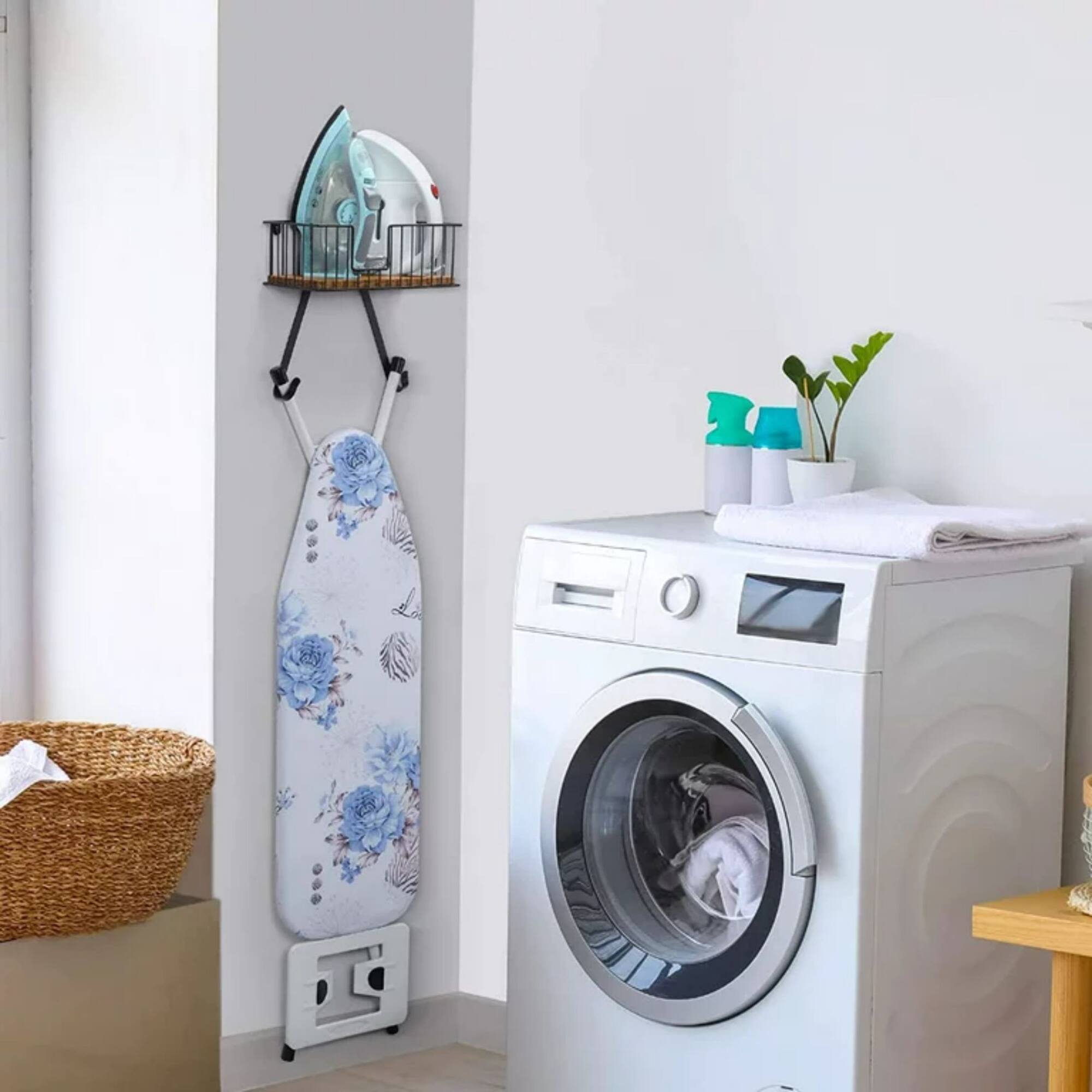 NEX™ Black Wall-Mounted Y-Leg Ironing Board Hanger with Storage Basket